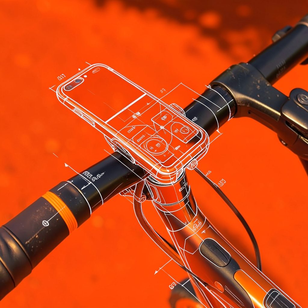 Bike phone mount attached to handlebars in warm outdoor light, charcoal and orange accents