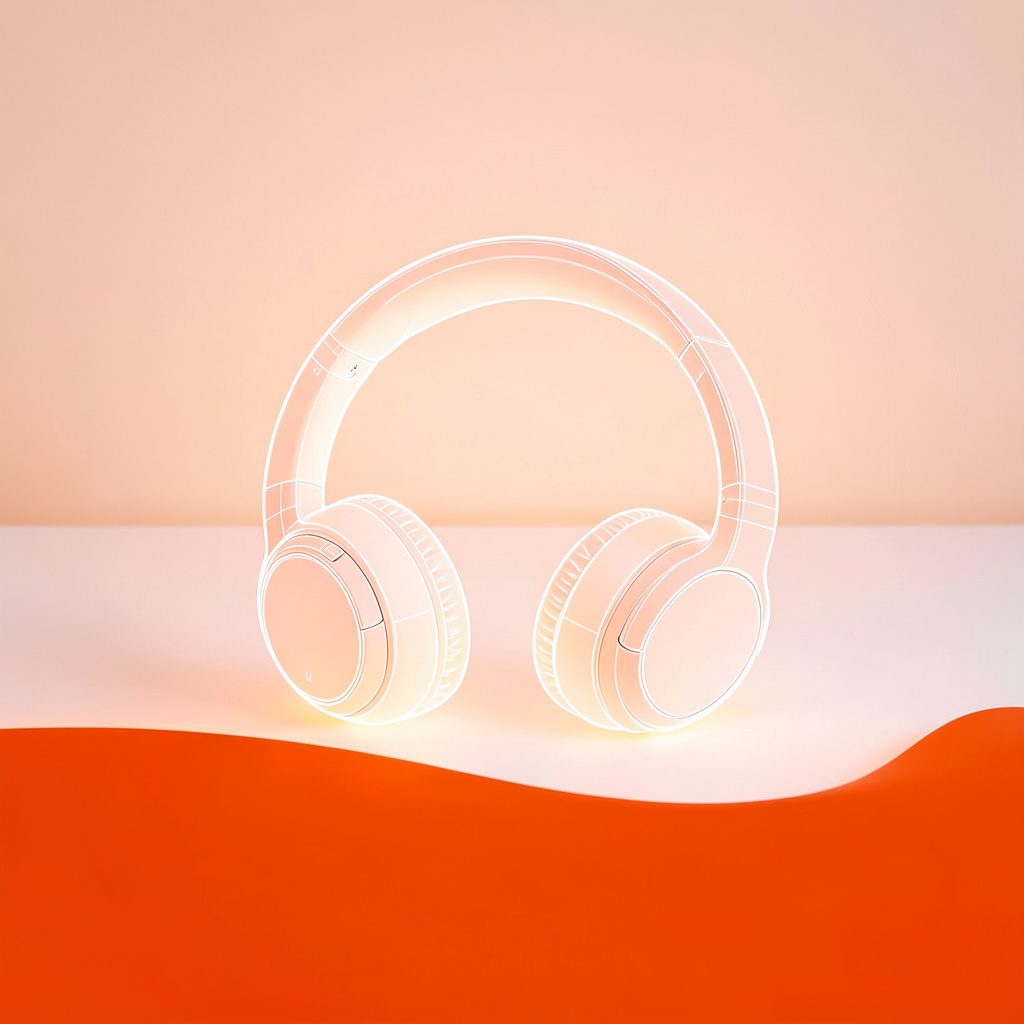 Bluetooth headphones on a clean white surface with soft peach background glow