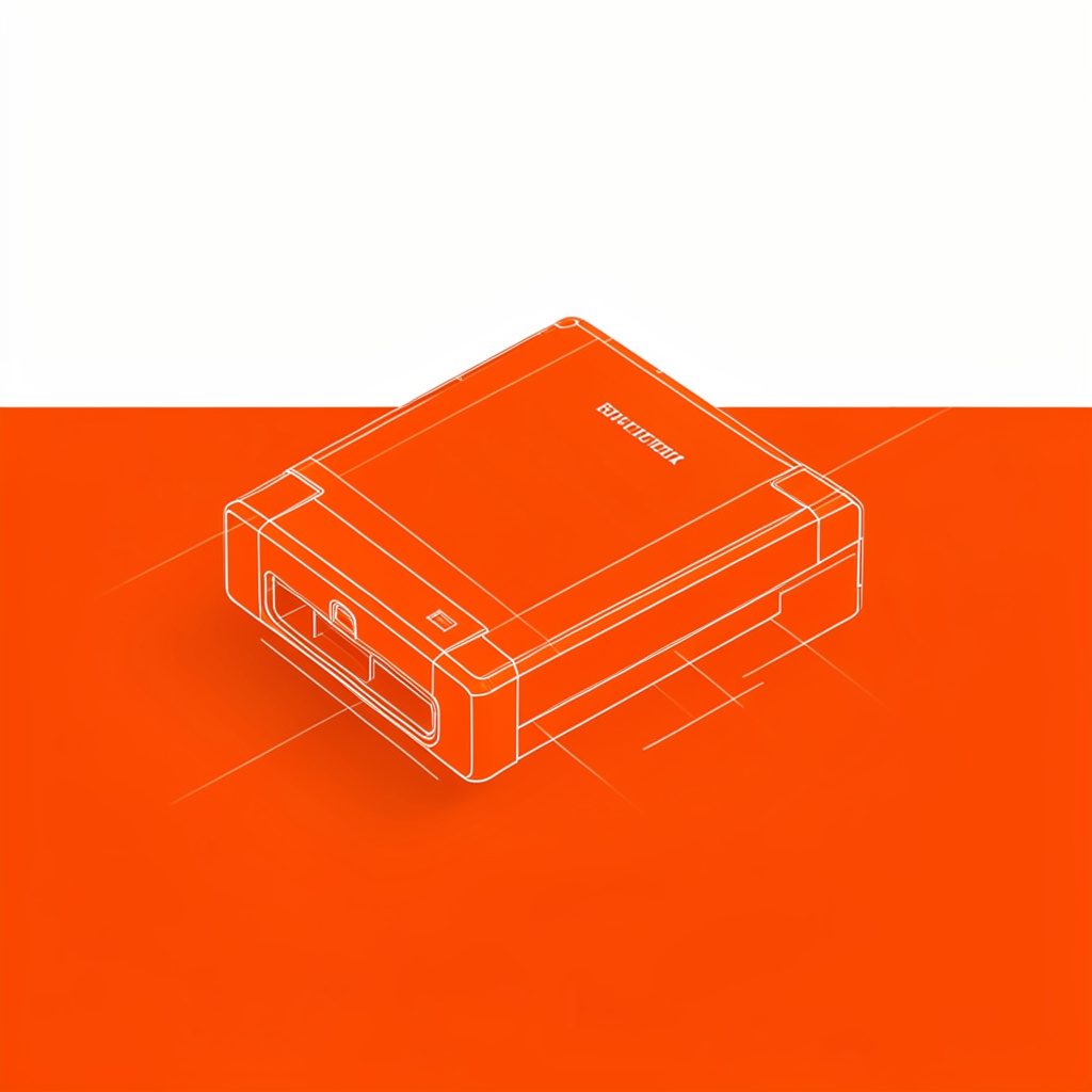 Rechargeable phone battery pack on a minimalist white background with subtle orange highlights