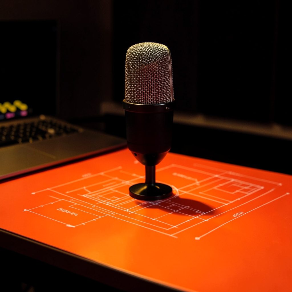 Professional microphone on a desk in a dim studio setting with warm accent lighting
