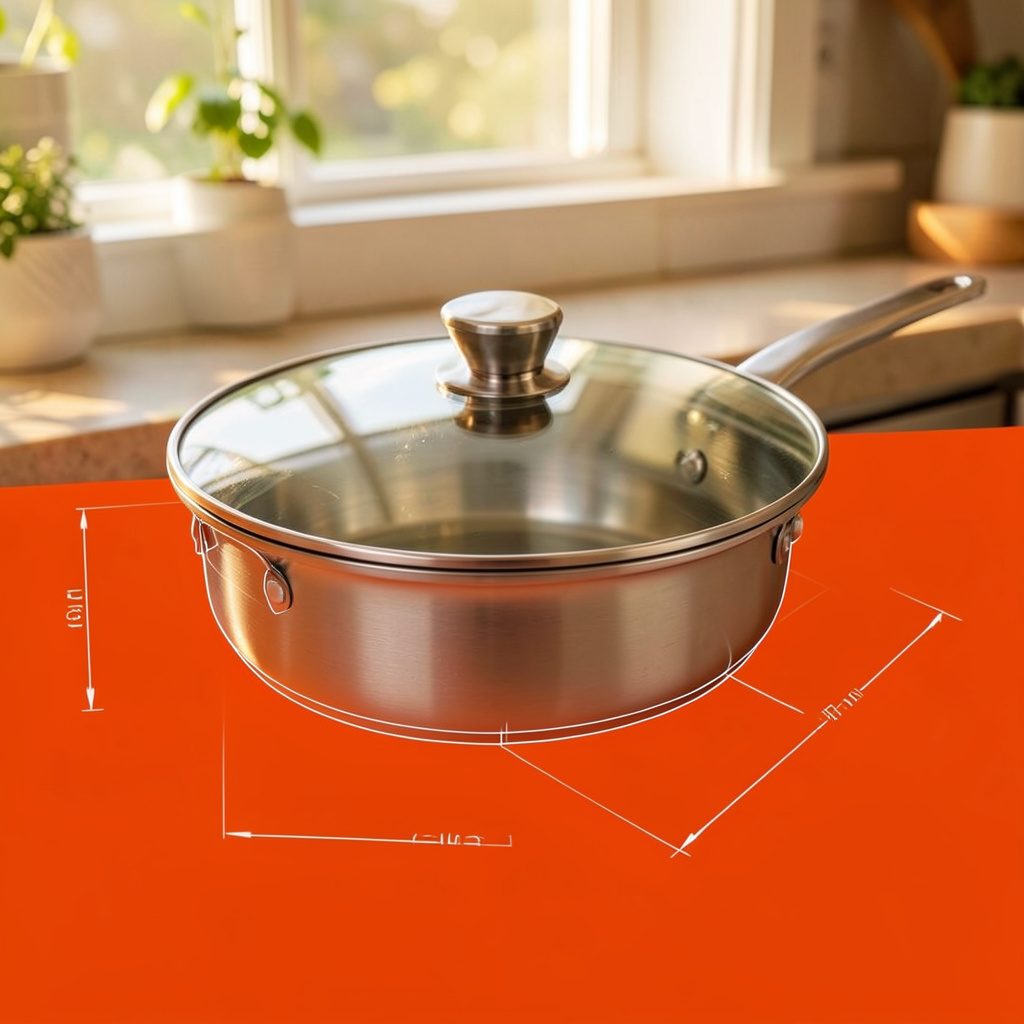 Stainless steel frying pan with glass lid on a kitchen counter in warm morning light
