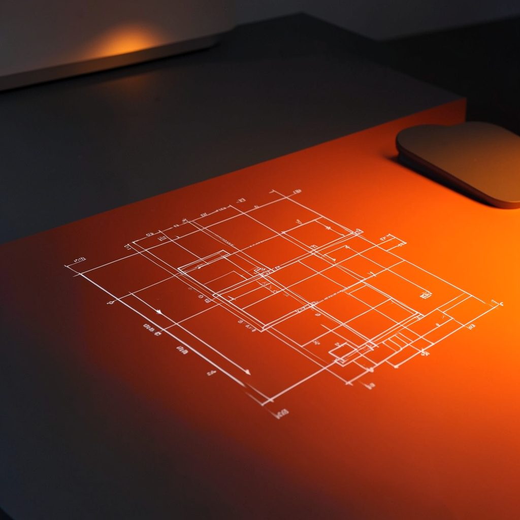 Abstract dark workspace with warm orange accent glow, clean modern desk surface in charcoal tones