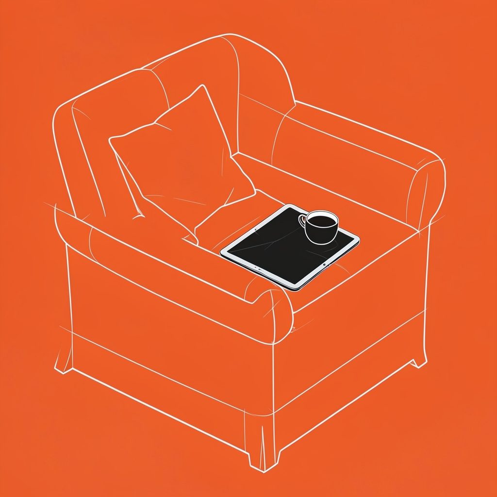 Cozy reading nook with a tablet and coffee cup, warm peach and charcoal color palette