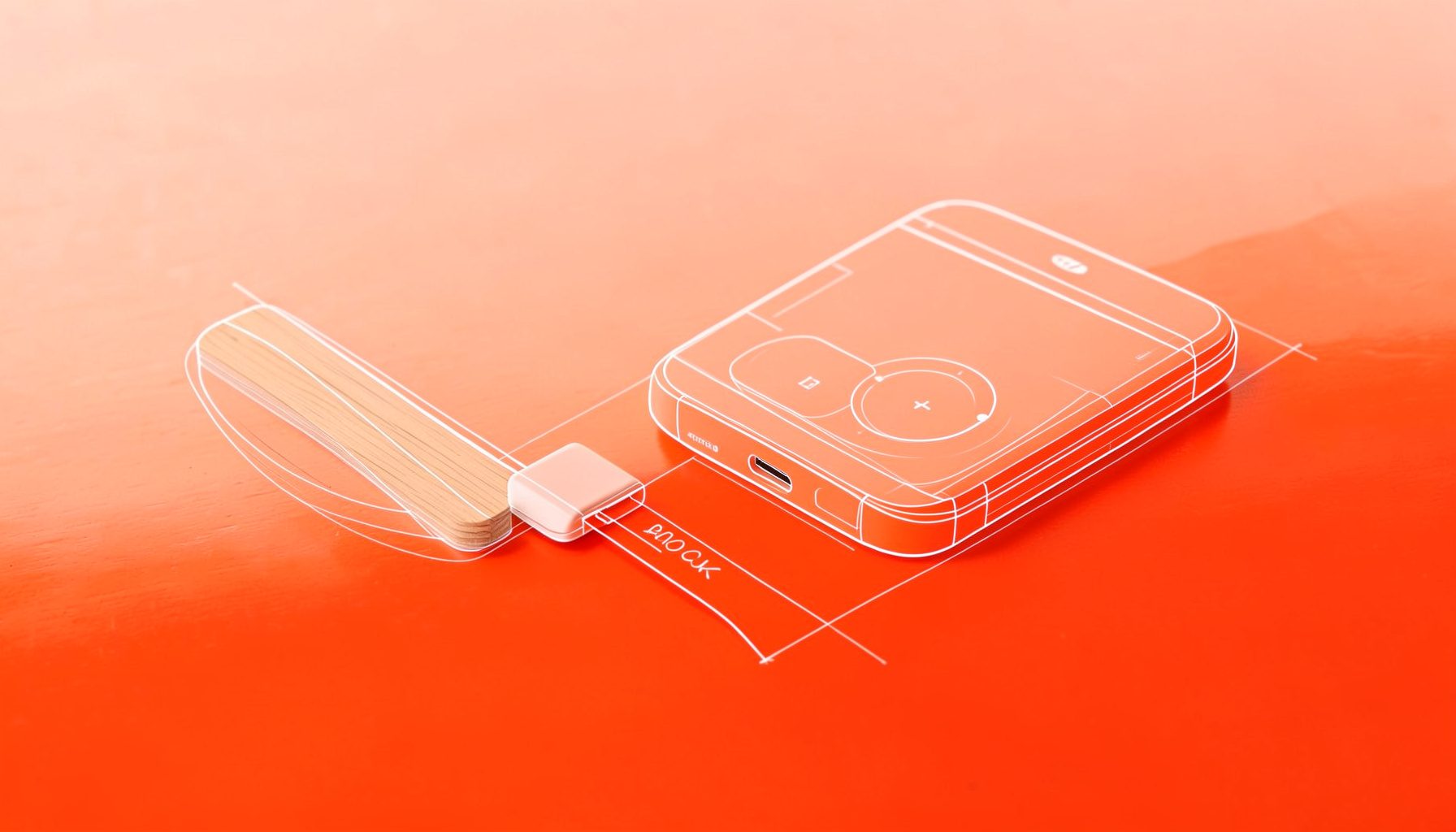 Sleek Bluetooth adapter next to an MP3 player on a light wood surface, soft peach background
