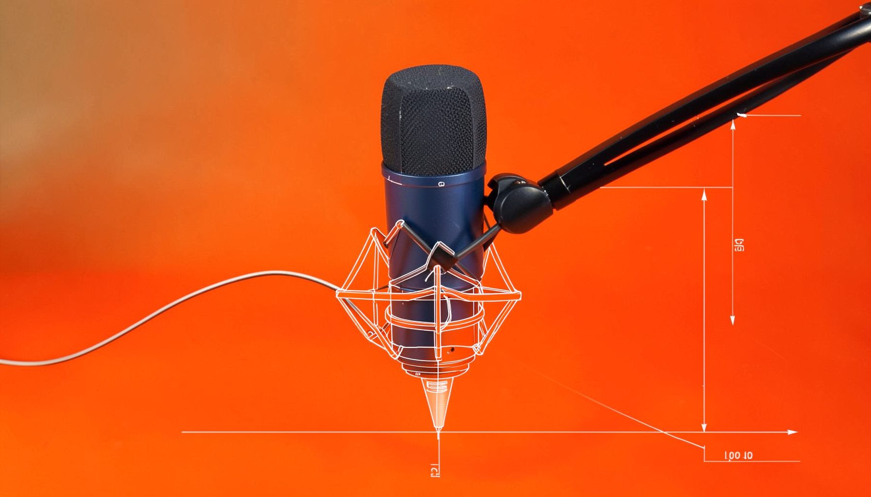 Blue Yeti microphone on a desk arm in a softly lit studio, charcoal and cream tones