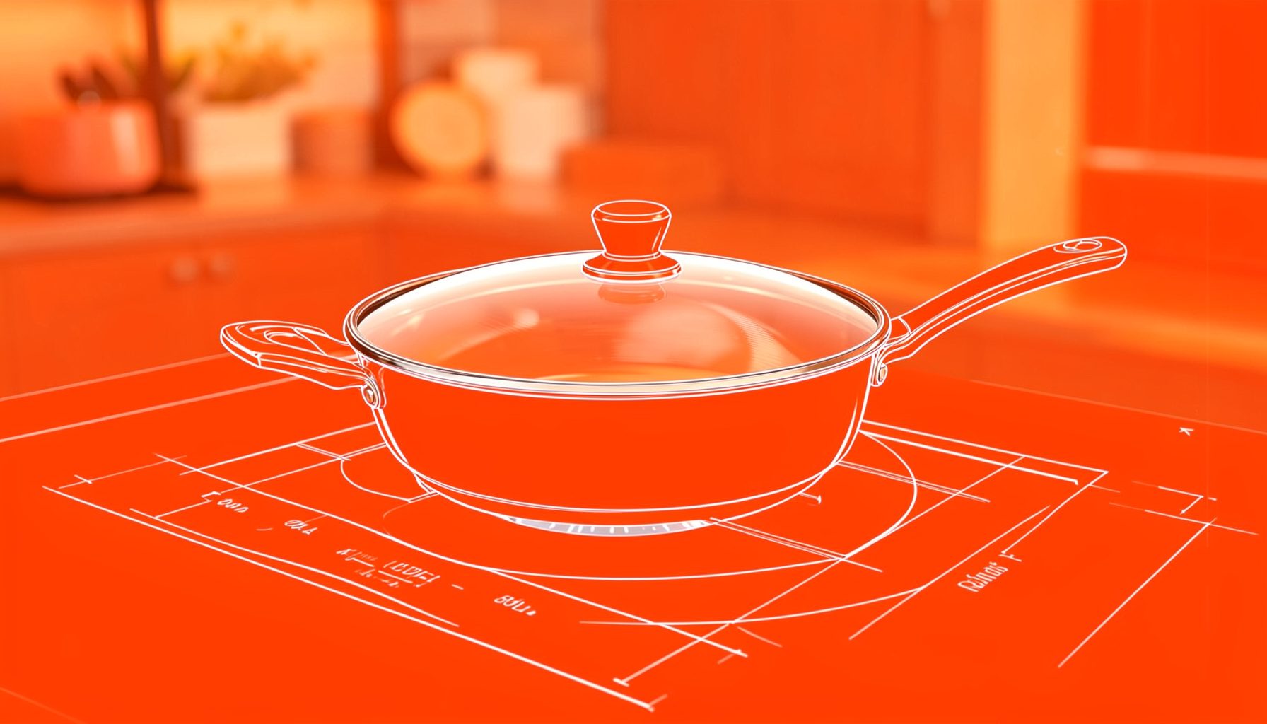 Cuisinart skillet with glass lid on a stovetop, warm kitchen lighting with peach accents