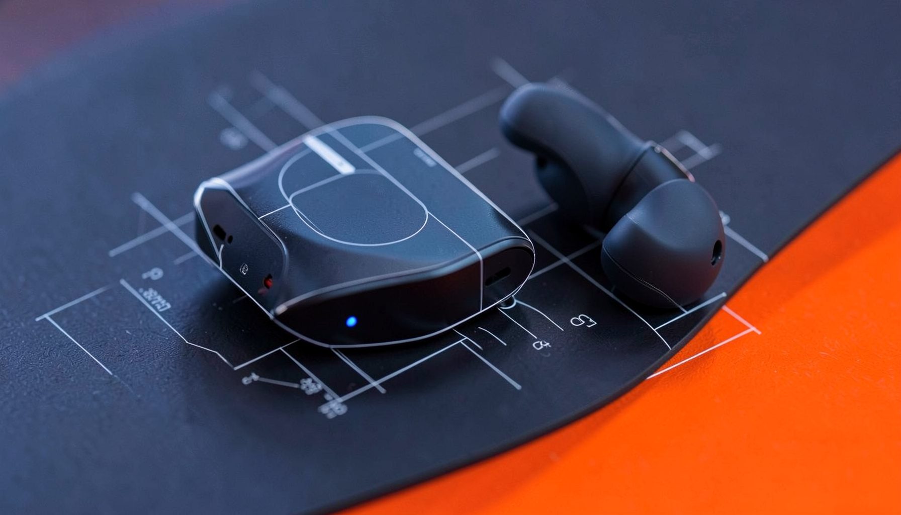 Close-up of a sleek Bluetooth audio adapter and wireless earbuds resting on a dark matte surface with soft blue and charcoal tones