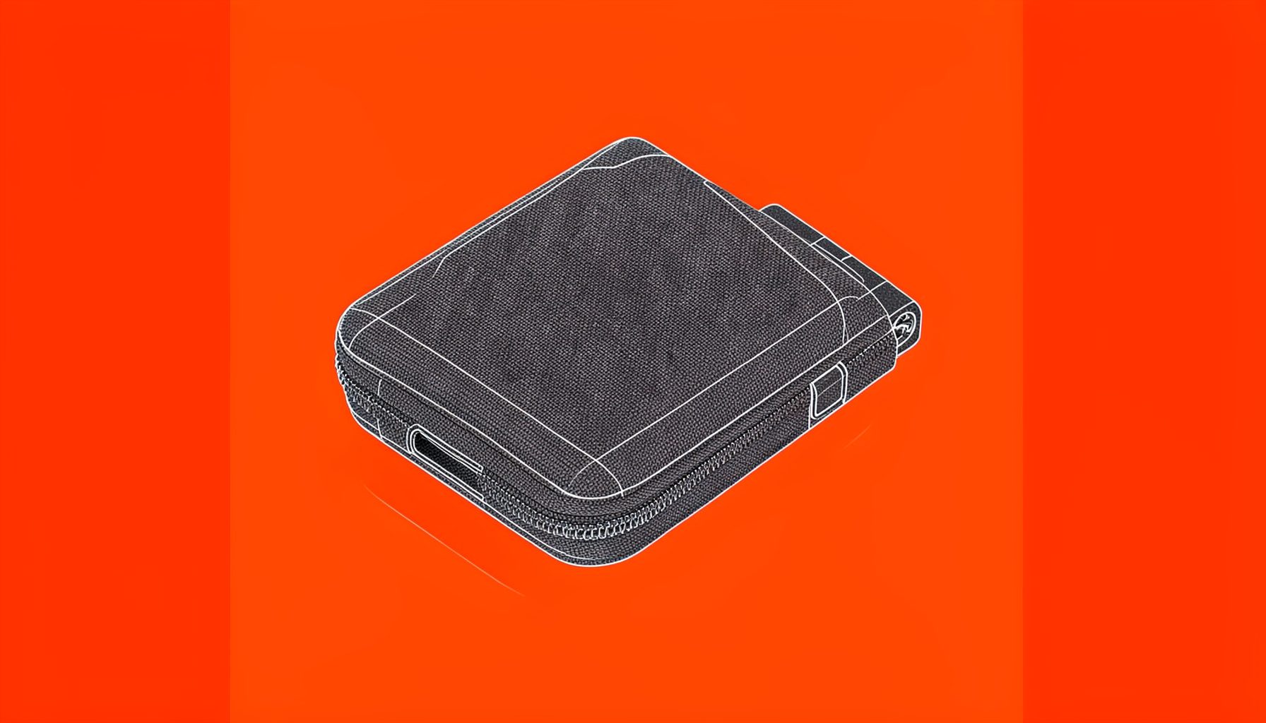 A compact MP3 player case in dark gray fabric with a zipper, shown on a clean white background