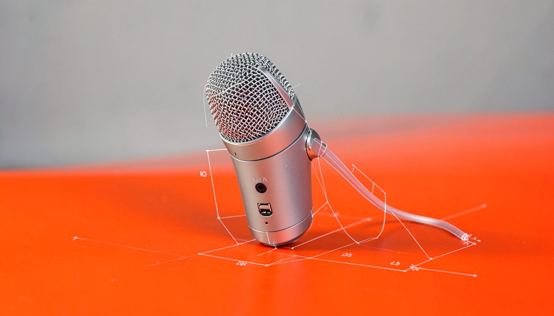 Blue Yeti USB microphone in silver on a desk, soft natural light, neutral gray background
