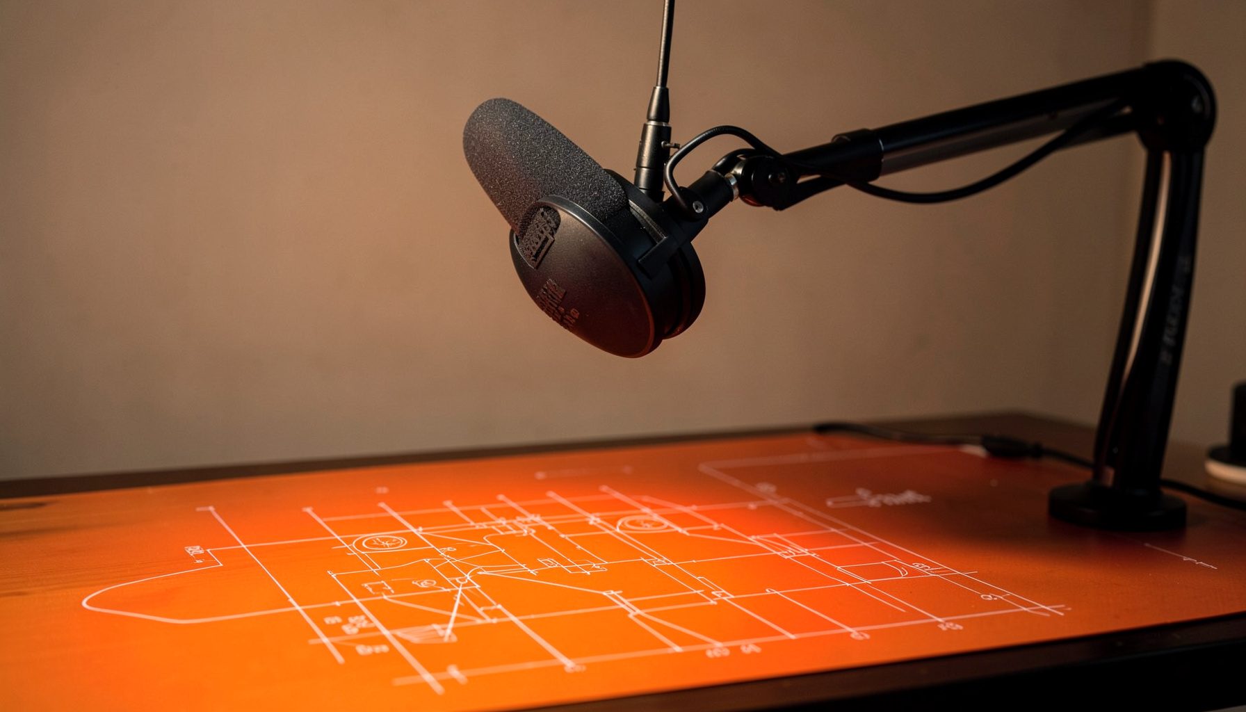 A softly lit studio desk with a Blue Yeti microphone on a boom arm, warm neutral tones and deep charcoal shadows