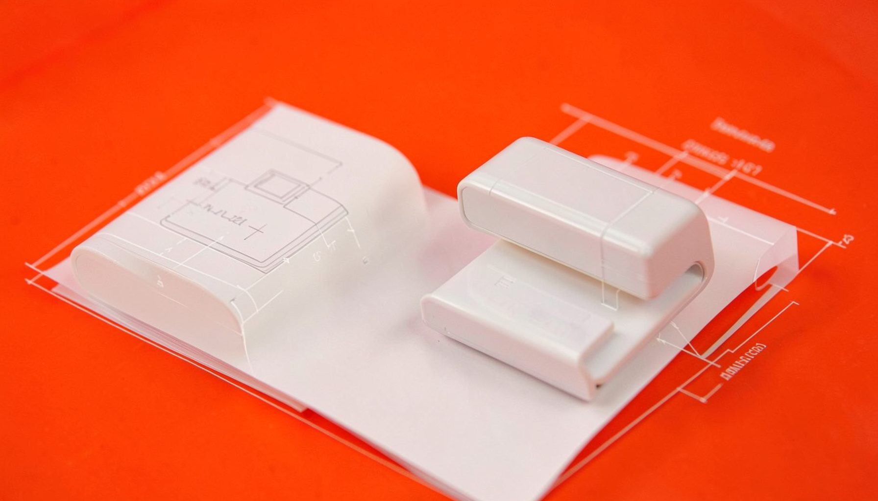 Close-up of a pair of rechargeable cordless phone battery packs on a clean white surface, warm neutral tones with subtle orange accents