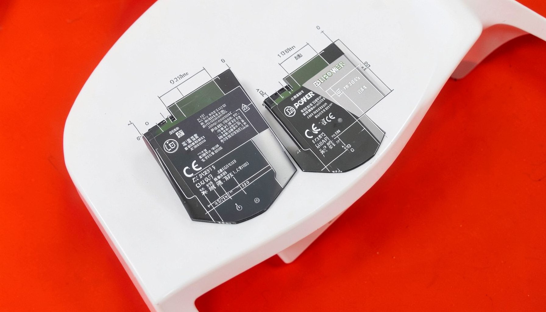 QBLPOWER cordless phone battery twin-pack on a white tabletop, dark gray and green label design