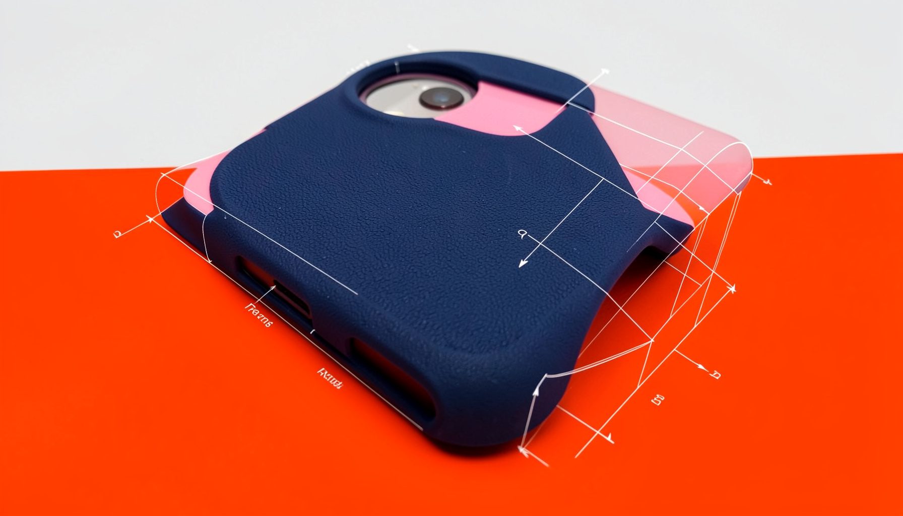 Close-up of a protective phone case with a textured grip surface in deep navy blue and soft pink tones, set against a clean light gray background