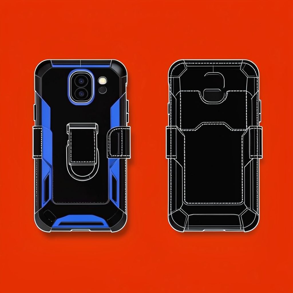 Holster-style hybrid phone case in black and blue with a belt clip, shown from front and back angles on a dark surface