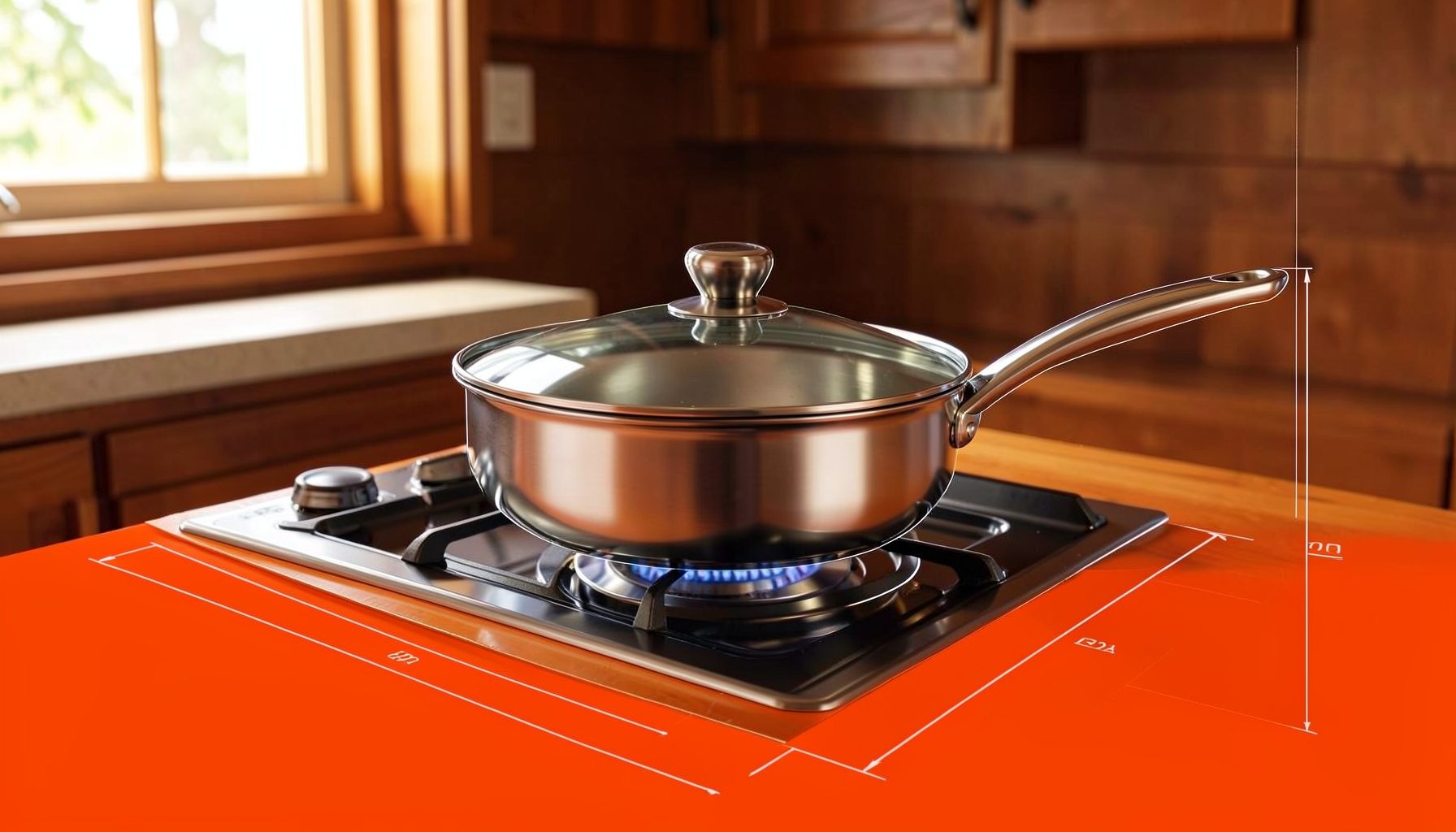 A warm kitchen scene with a gleaming stainless steel frying pan with a glass lid resting on a stovetop, soft natural light from a window, rich wood tones and neutral countertops