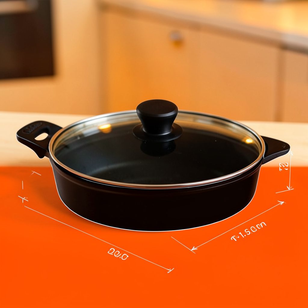 A close-up of a black 12-inch Cuisinart skillet with a matching lid on a light kitchen surface, warm ambient lighting