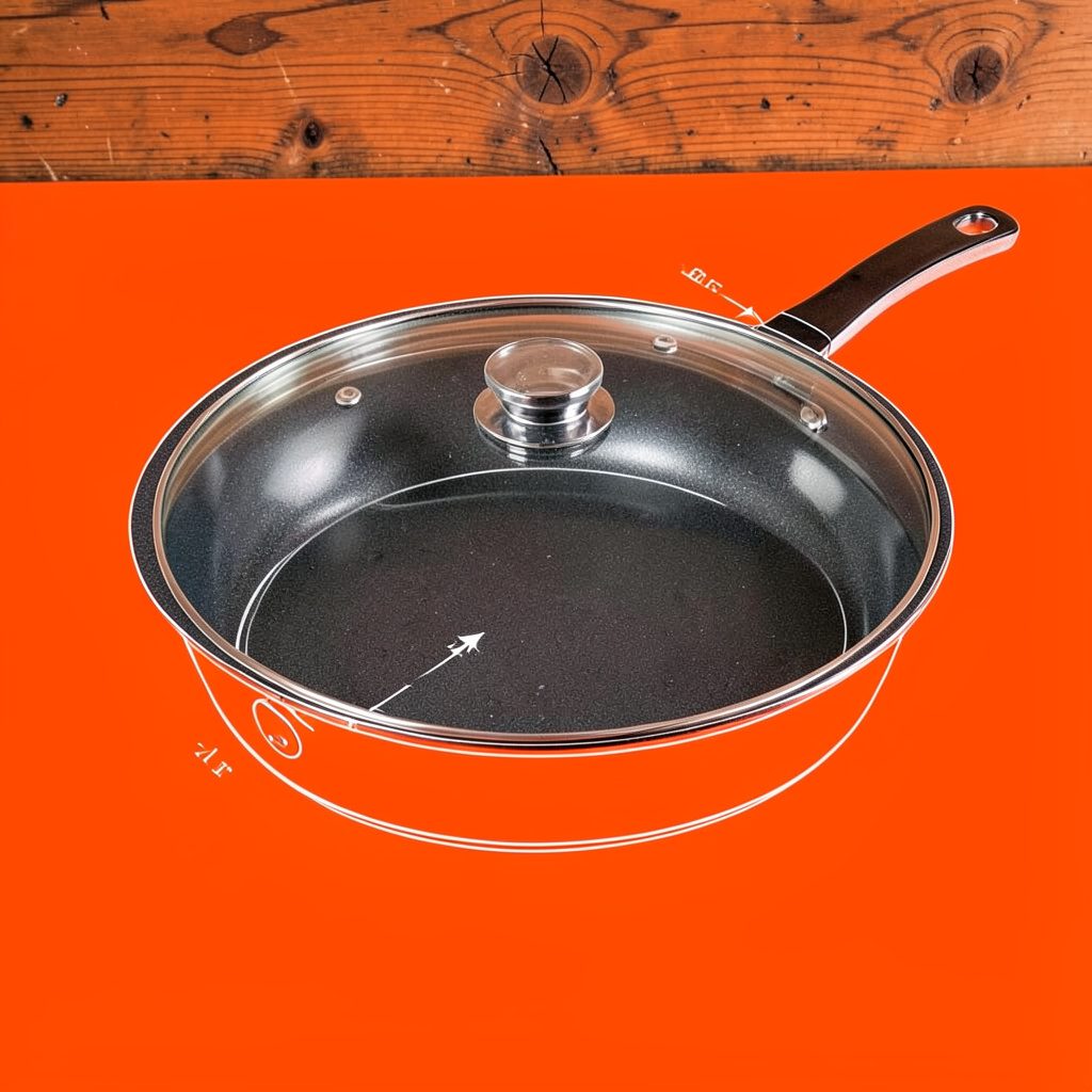A heavy-duty frying pan with a dark nonstick surface and a clear tempered glass lid, set against a rustic wooden table